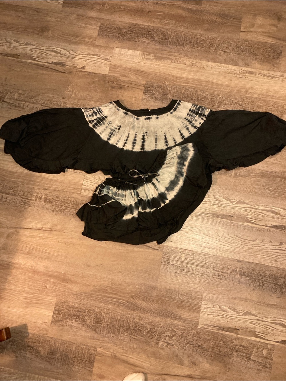 Free People Black and White Tie-Dye Puff Sleeve Blouse